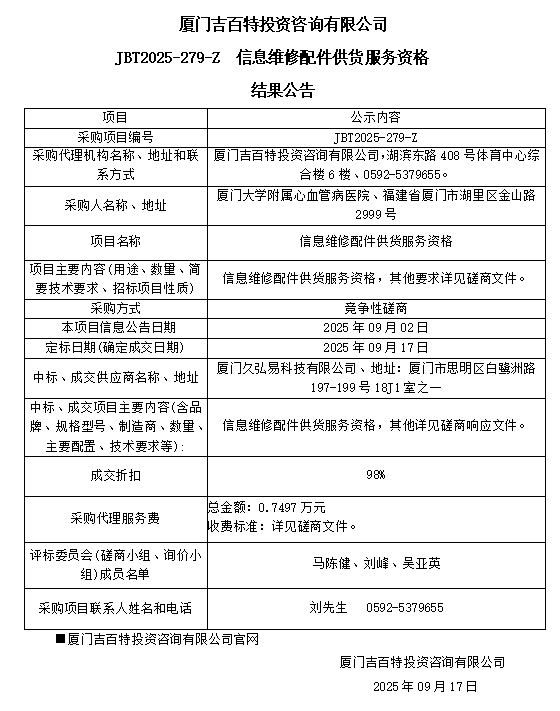 厦门大学附属心血管病医院信息维修配件供货服务资格（JBT2025-279-Z）结果公告.png